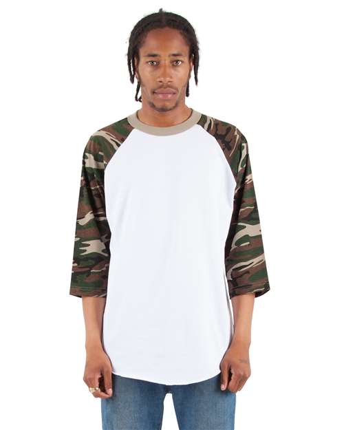 Shaka Wear SHRAGCM Unisex Three-Quarter Sleeve Camo Raglan T-Shirt