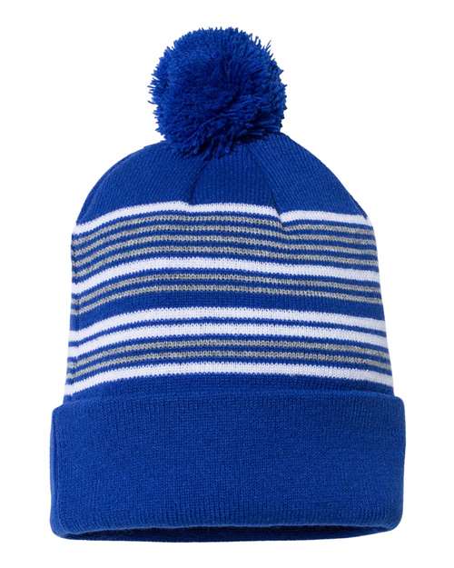 Sportsman SP60 12" Striped Pom-Pom Cuffed Beanie