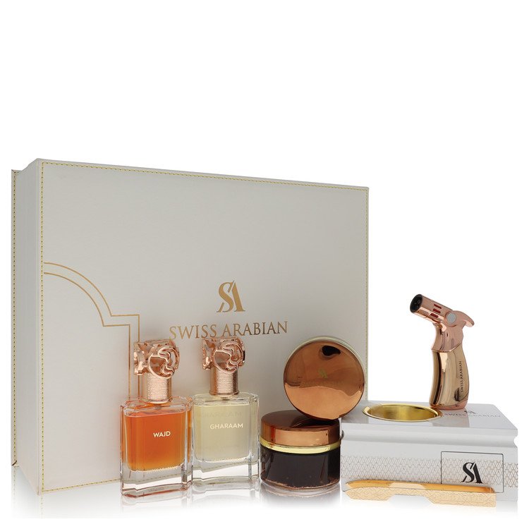 Swiss Arabian Bakhoor Dukhoon Al Haram by Swiss Arabian Gift Set -- Gift Set contains 2 x 1.7 oz Eau De Parfum in Wajd & Gharaam + 2 x 60 grams of Incense in Dukhoon Al Haram & Oud Muattar Mumtaz