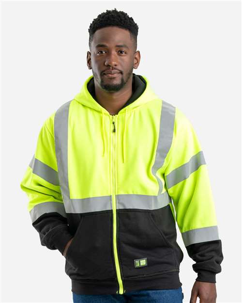 Berne Apparel HVF023 Men's Hi-Vis Class 3 Color Block Full-Zip Hooded Sweatshirt