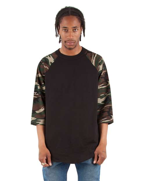 Shaka Wear SHRAGCM Unisex Three-Quarter Sleeve Camo Raglan T-Shirt