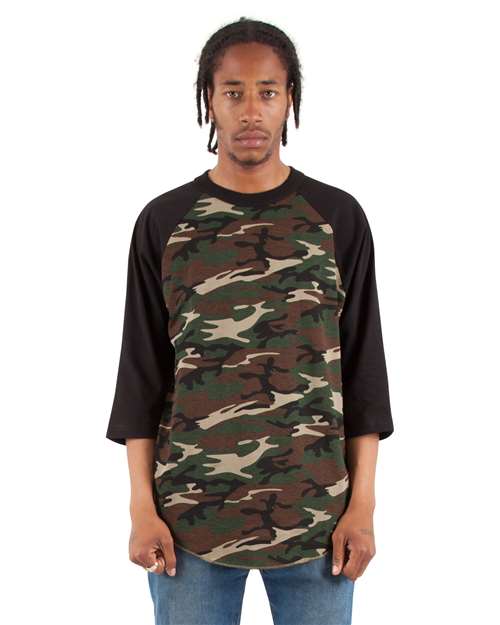 Shaka Wear SHRAGCM Unisex Three-Quarter Sleeve Camo Raglan T-Shirt