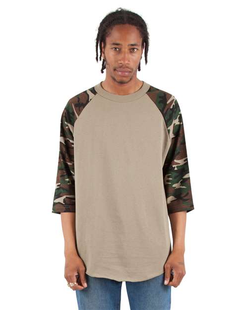 Shaka Wear SHRAGCM Unisex Three-Quarter Sleeve Camo Raglan T-Shirt