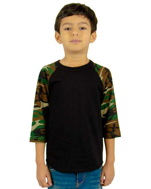 Shaka Wear SHRAGCY Youth Three-Quarter Sleeve Camo Raglan T-Shirt