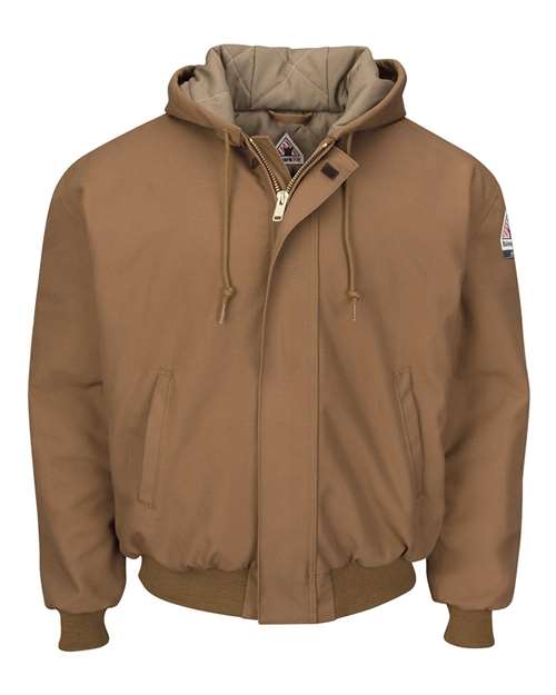 Bulwark JLH6T Men's Tall Insulated Brown Duck Hooded Jacket with Knit Trim