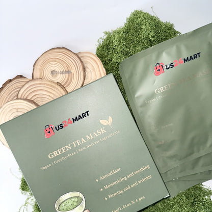 Green Tea Facial Mask - Soothing, Moisturizing & Brightening Sheet Mask with Deep Cleansing Antioxidant Therapy - Vegan, Cruelty‑Free, 96% Natural (4 Count)