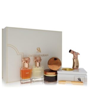 Swiss Arabian Bakhoor Dukhoon Al Haram by Swiss Arabian Gift Set -- Gift Set contains 2 x 1.7 oz Eau De Parfum in Wajd & Gharaam + 2 x 60 grams of Incense in Dukhoon Al Haram & Oud Muattar Mumtaz