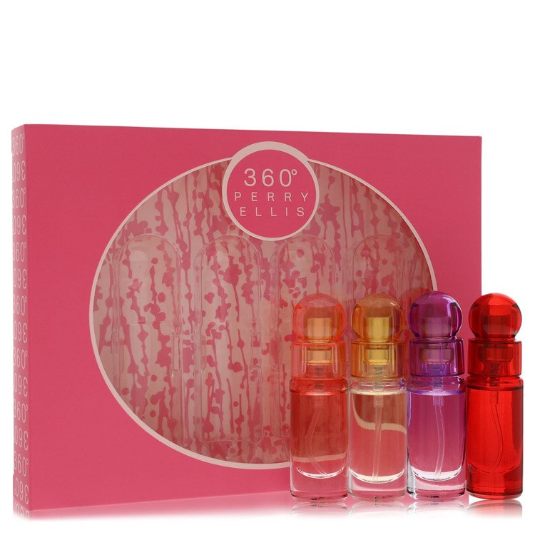 perry ellis 360 by Perry Ellis Gift Set -- Four piece Travel Gift Set Includes .25 oz Mini Eau De Parfum Spray of each. 360 Coral, 360 For Women, 360 Purple, 360 Red.